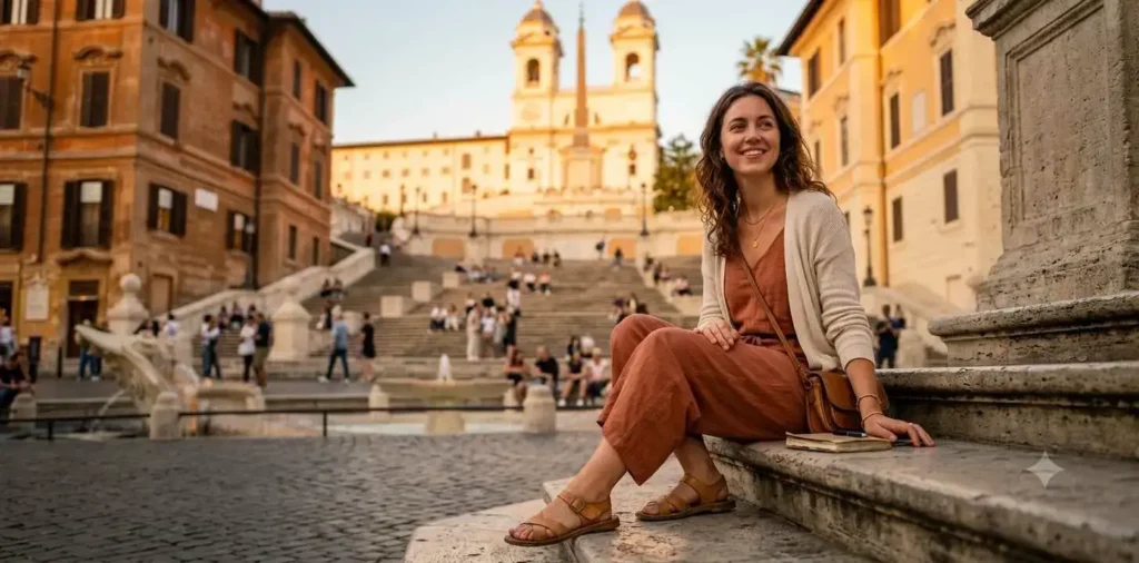 Traveler sitting on Spanish Steps at sunset