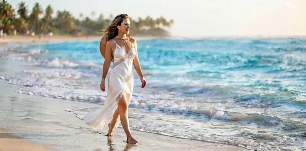 Woman walking along a sunny tropical shoreline