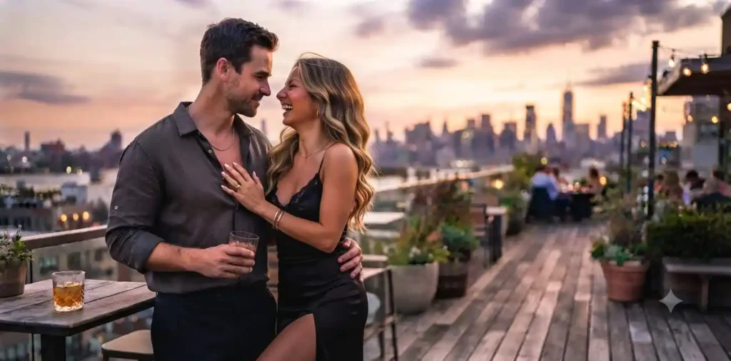 Stylish couple sharing a playful sunset moment