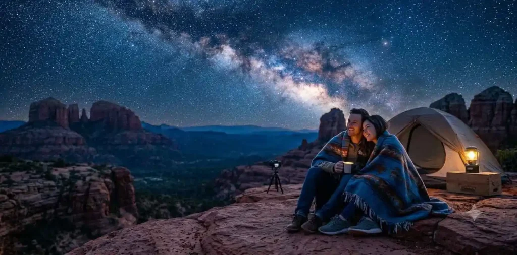 Couple admiring star-filled Sedona night sky