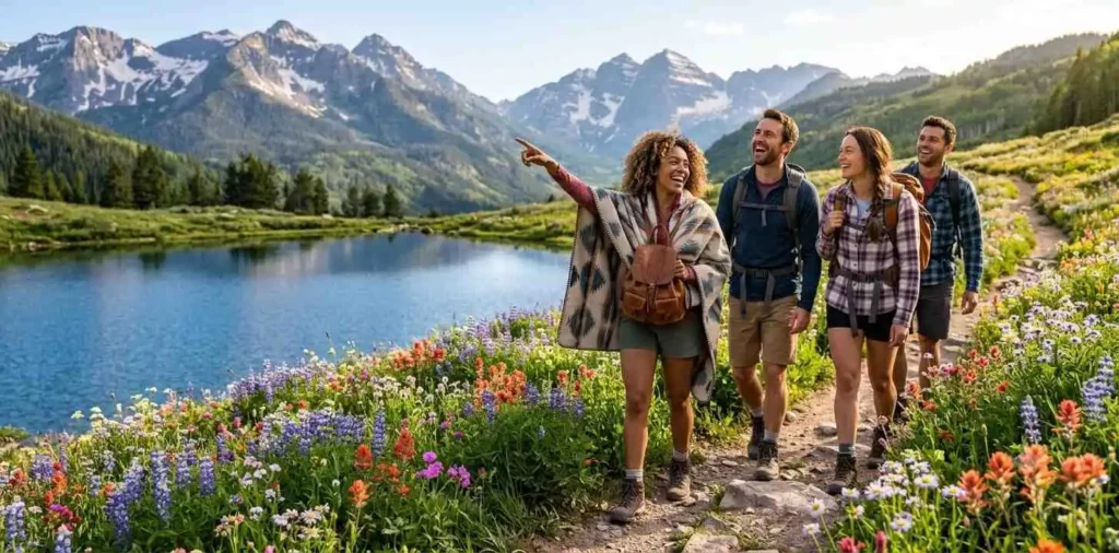 Friends hiking beside an alpine lake