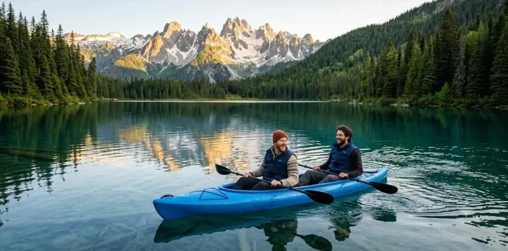 Friends kayaking on a peaceful mountain lake