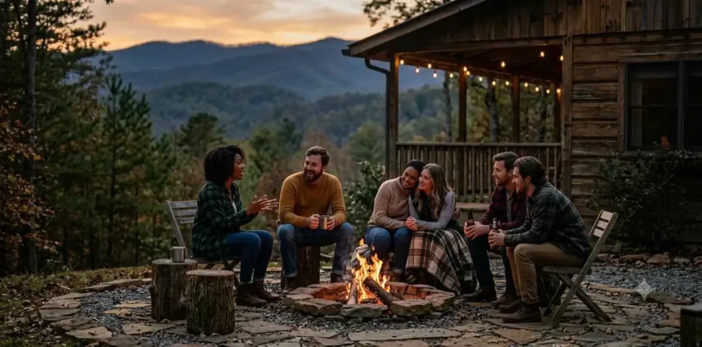 Friends relaxing outside a mountain cabin