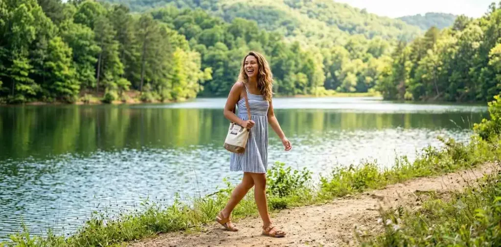 Traveler enjoying a sunny lakeside afternoon