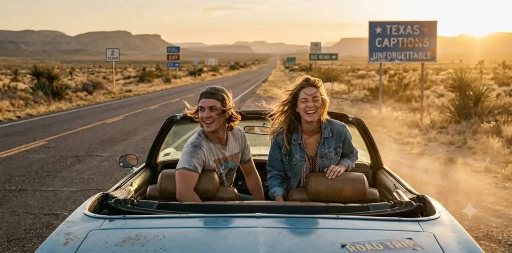 Friends driving through Texas desert highway