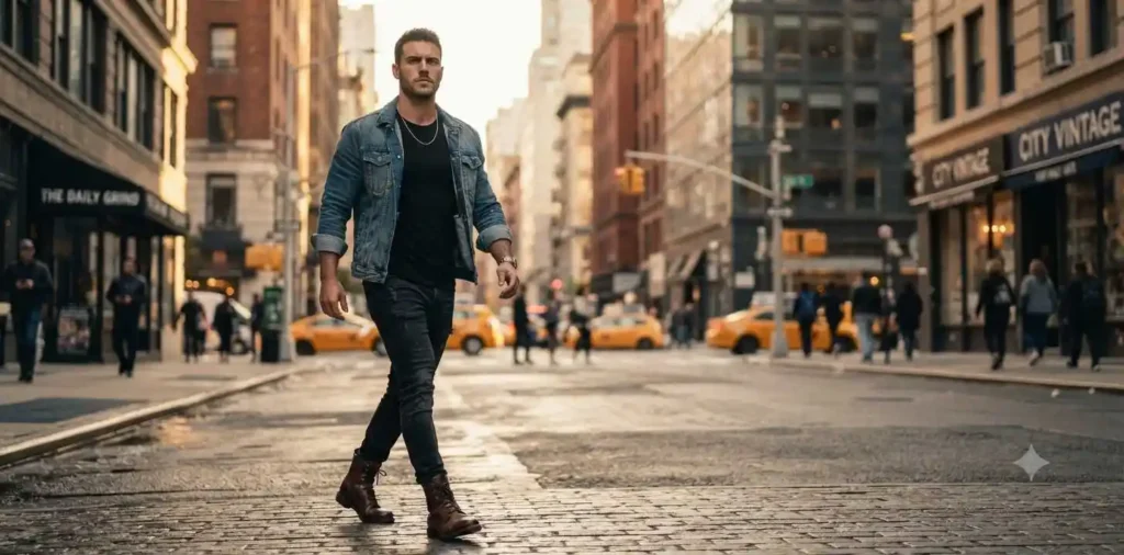 Confident young man walking through downtown streets