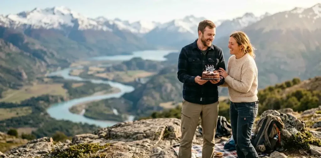 Couple celebrating birthday during scenic vacation