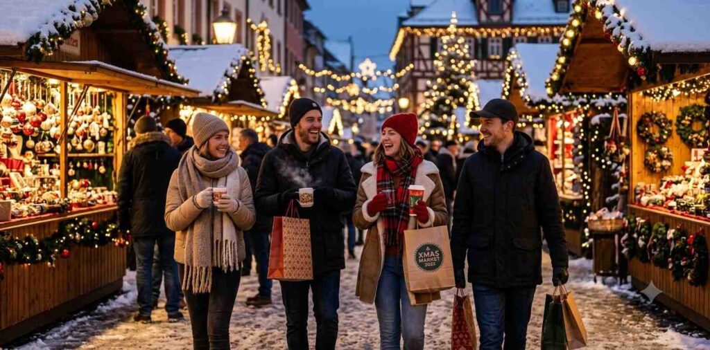 Friends walking through a festive snowy holiday market