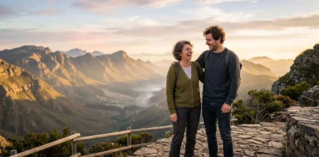 
Mother and son exploring a scenic destination