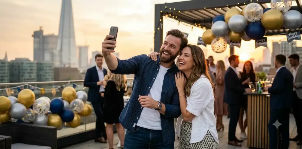 Stylish couple capturing birthday selfie together