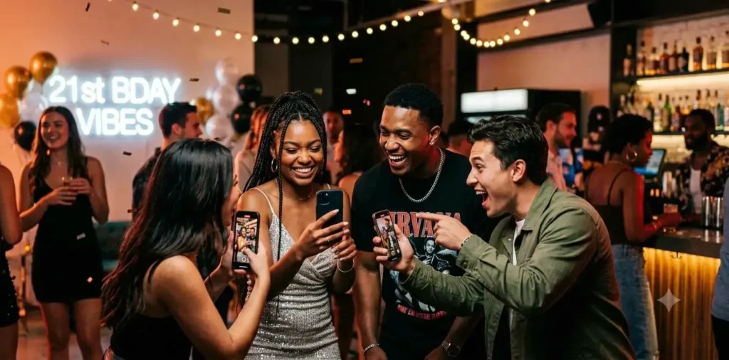 Friends creating social media content at party