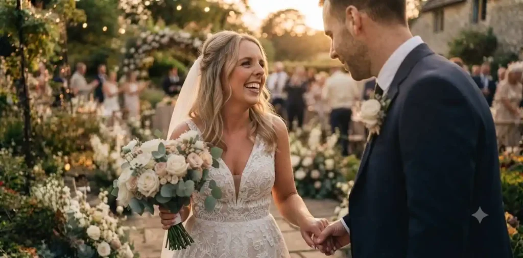 Elegant couple walking after wedding ceremony