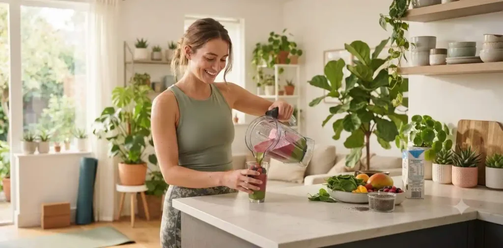 Woman practicing a peaceful morning wellness routine