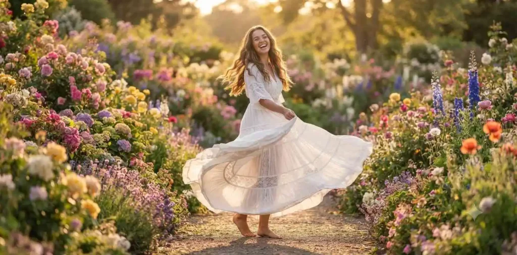 Woman twirling in a flowing white dress