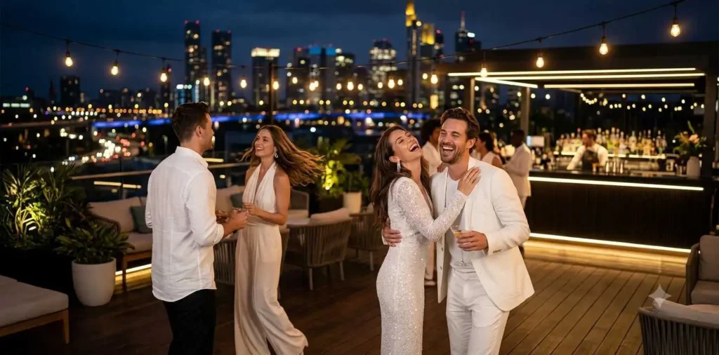 Friends dressed in white at rooftop party
