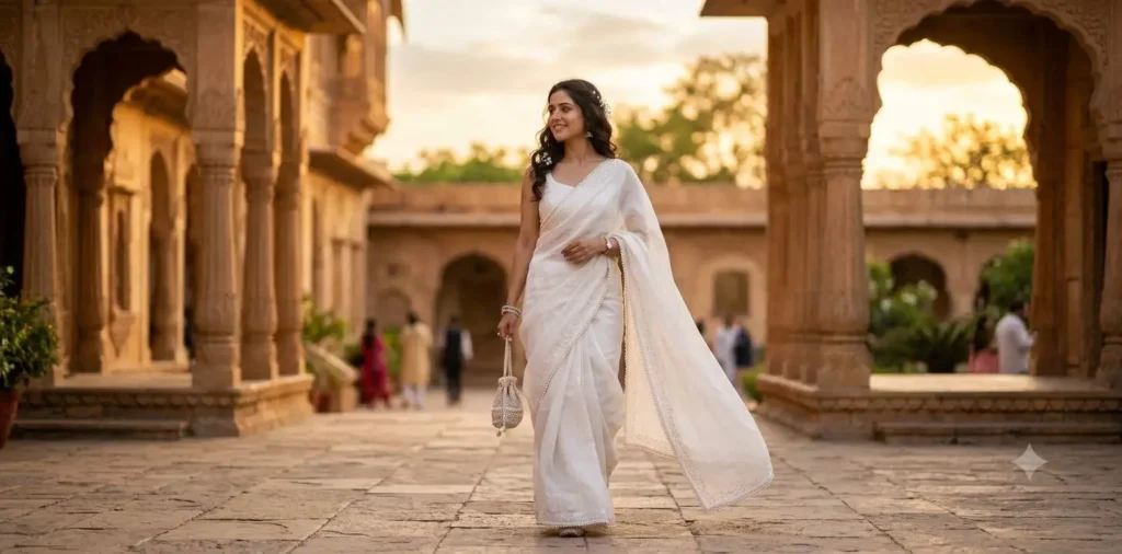 Woman wearing elegant white saree outdoors