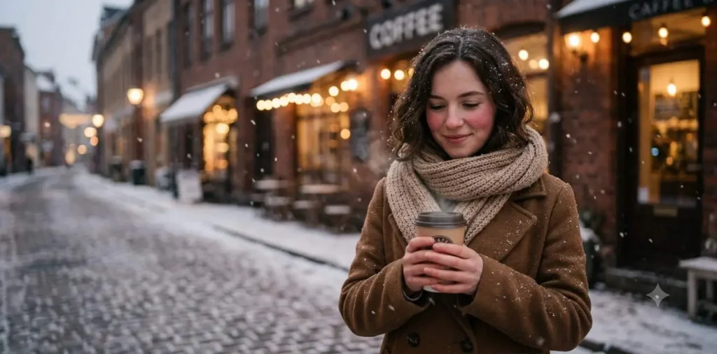 Woman holding warm coffee in snowy evening street