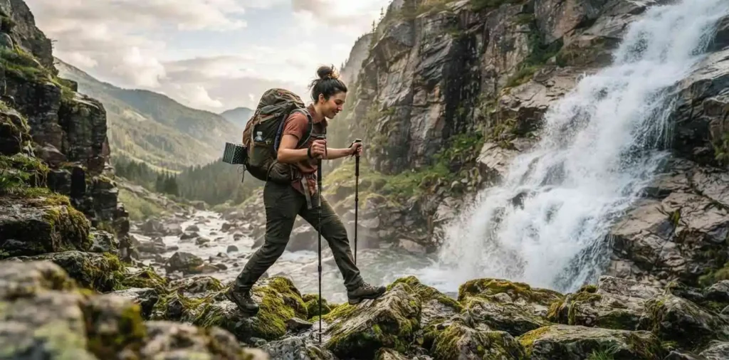 Traveler hiking toward a scenic waterfall