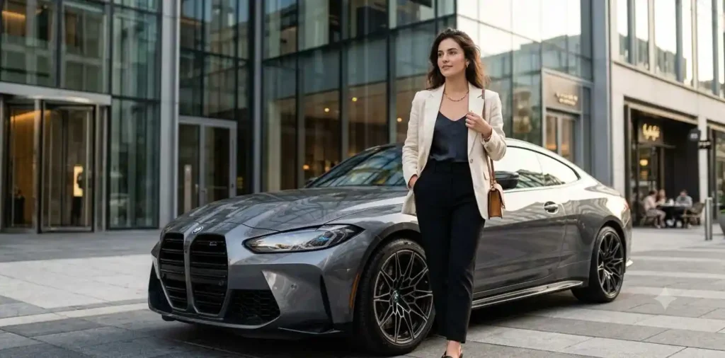 BMW parked beside modern luxury building