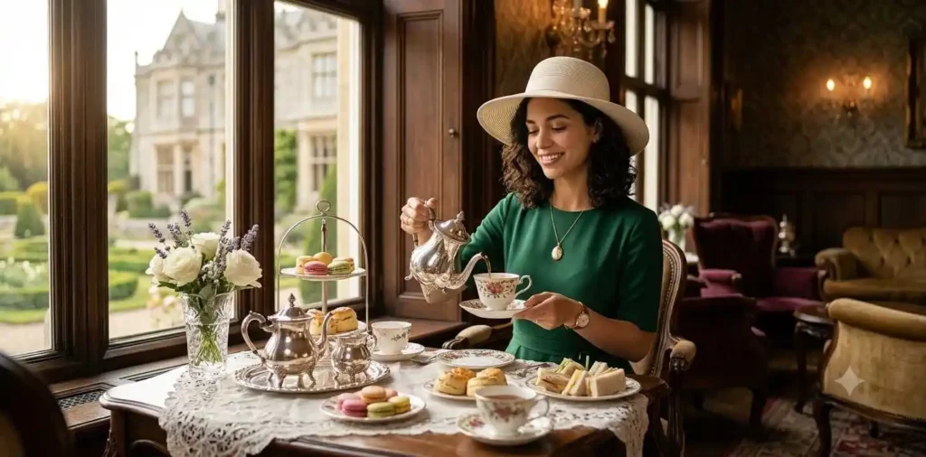 Elegant woman enjoying afternoon tea at luxury café