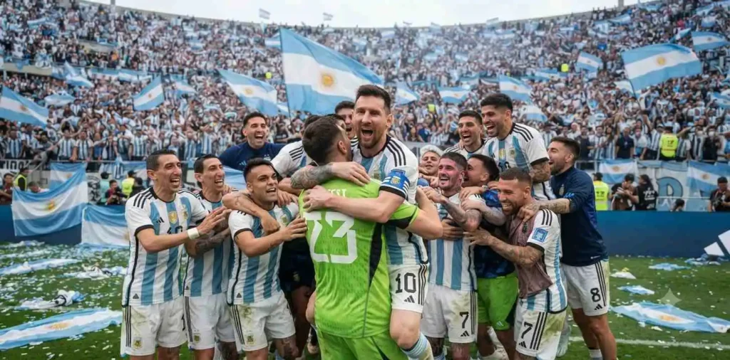 Argentina players celebrating together after the final