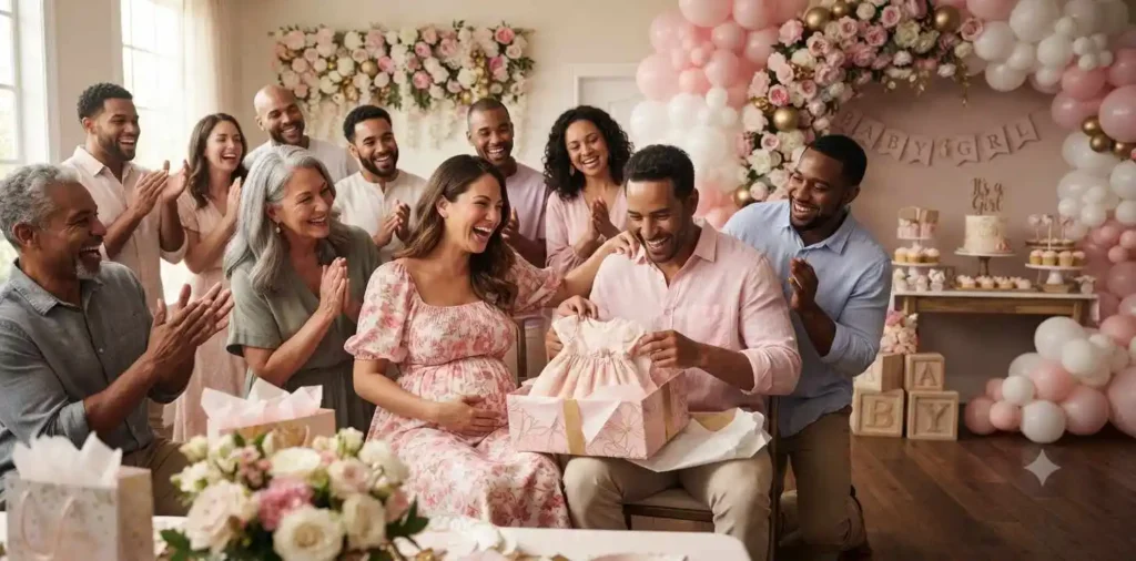 Family celebrating baby girl shower with pink decorations