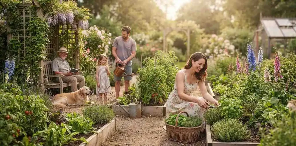 Family relaxing in a colorful backyard garden