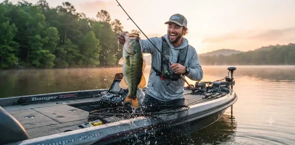 Angler holding a largemouth bass beside a boat