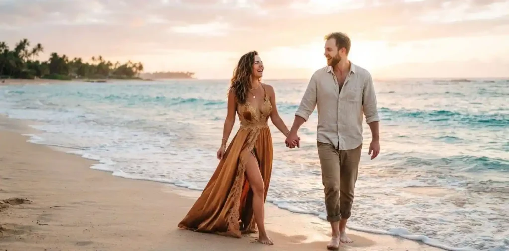 Couple walking barefoot along a sandy beach