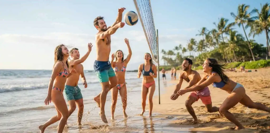 Friends playing volleyball on a sunny beach