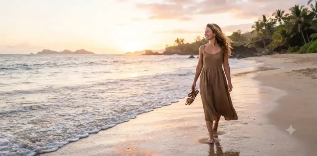Woman walking barefoot along a quiet beach