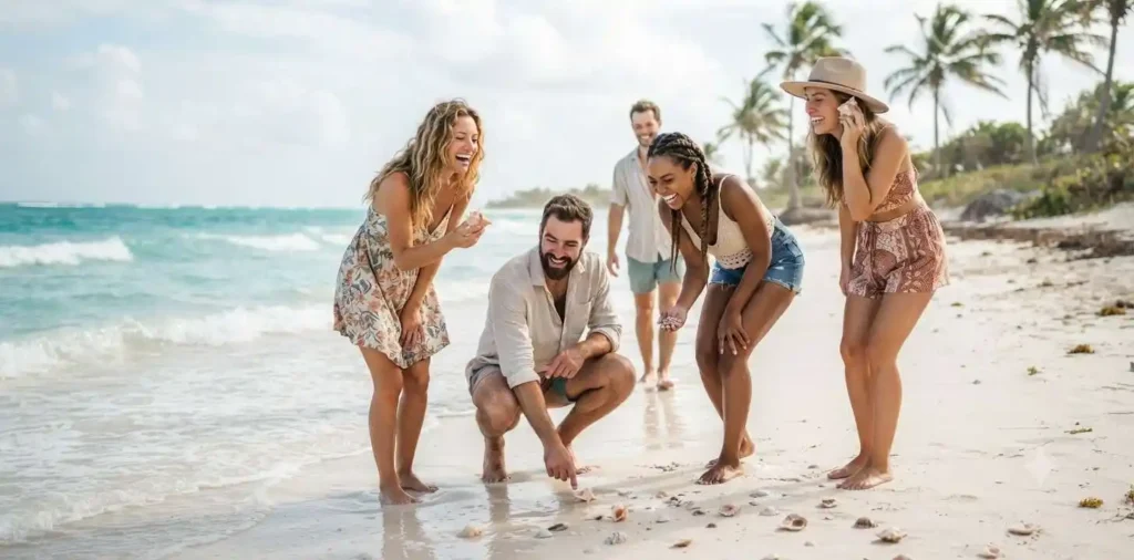 Friends walking along a sunny tropical beach
