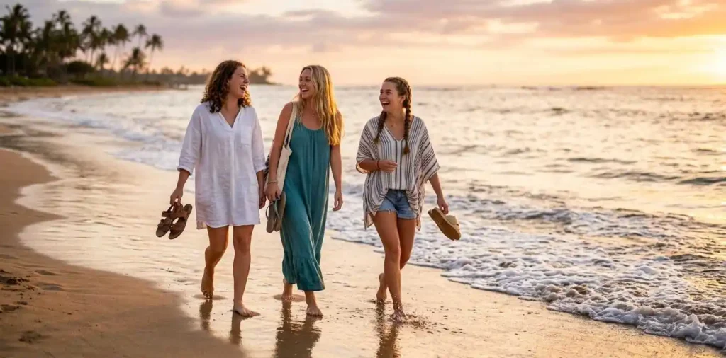 Friends relaxing on a tropical beach at sunset