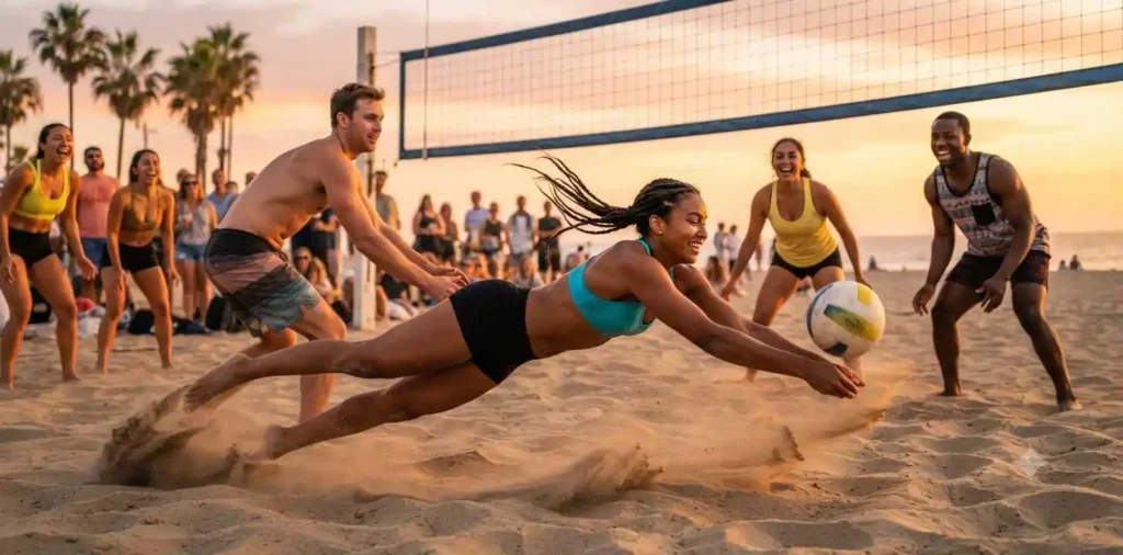 Friends playing beach volleyball at sunset