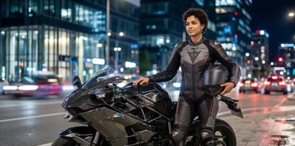 Rider with Kawasaki Ninja H2R on city road