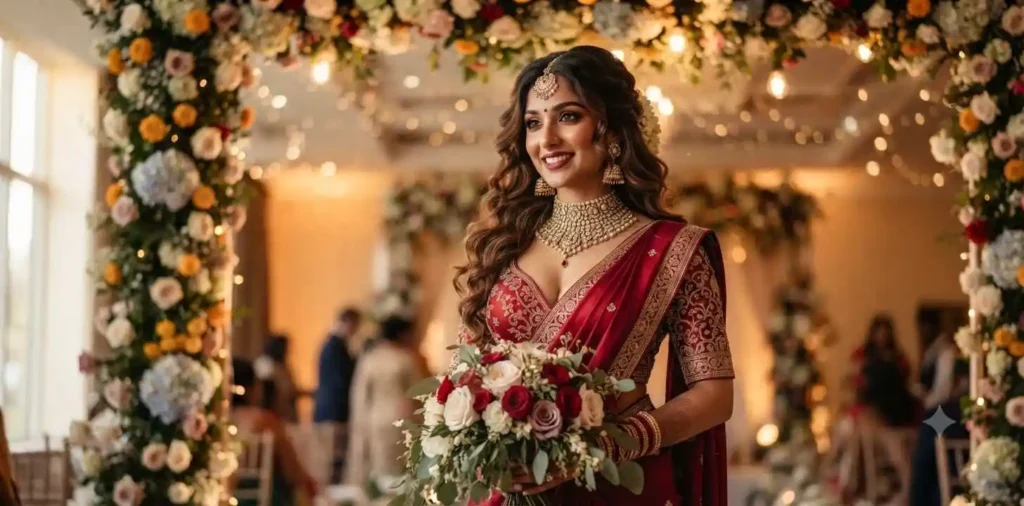 Bride smiling in a traditional red saree