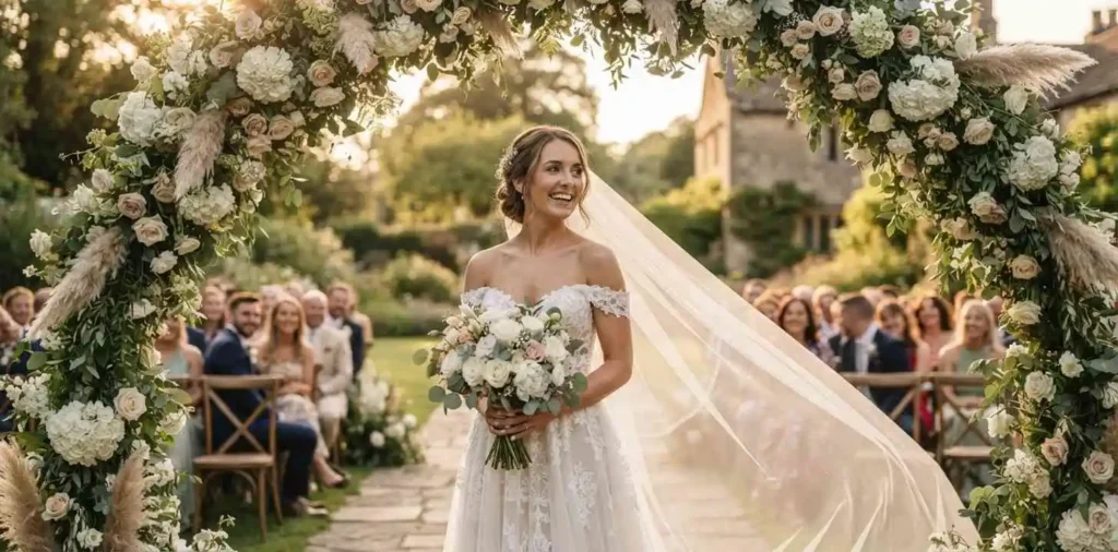 Bride smiling while holding bouquet outdoors