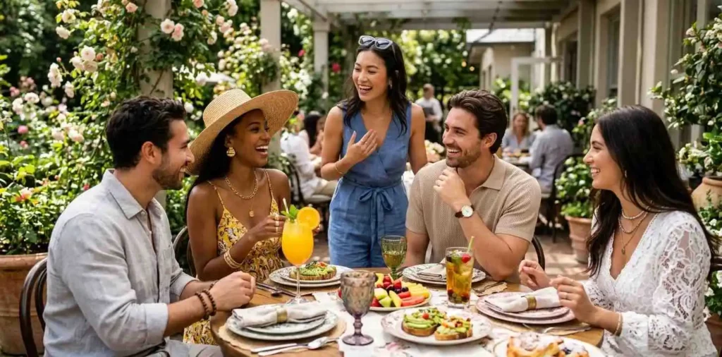 Friends having drinks at outdoor brunch