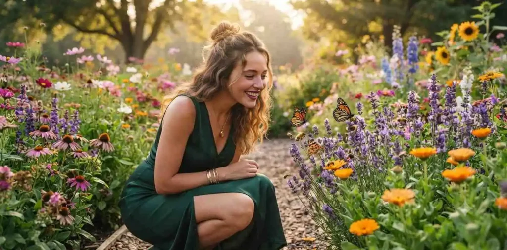Woman watching butterflies and bees among flowers