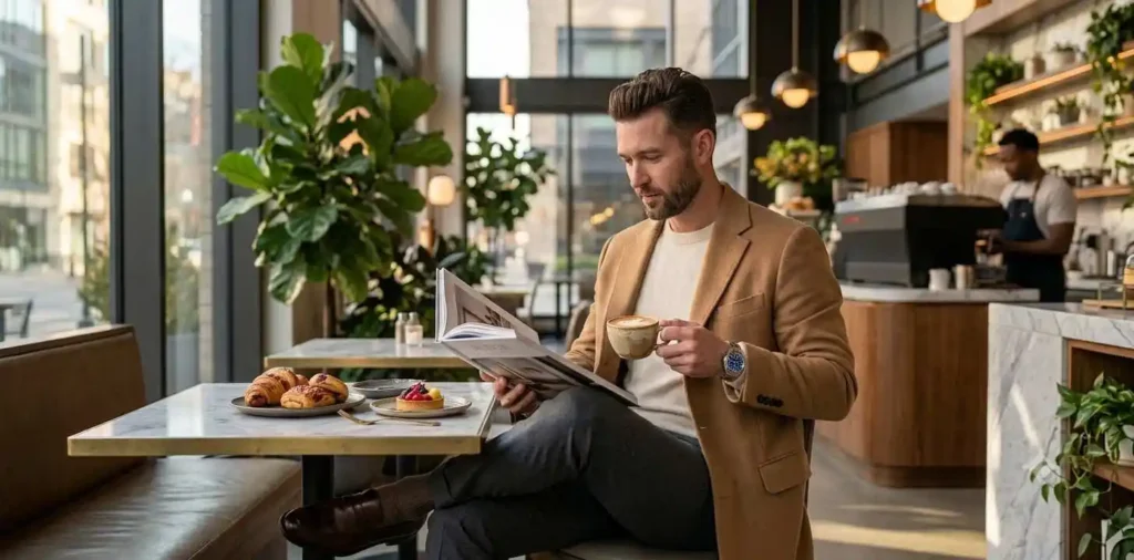 Fashionable man enjoying coffee in a luxury café