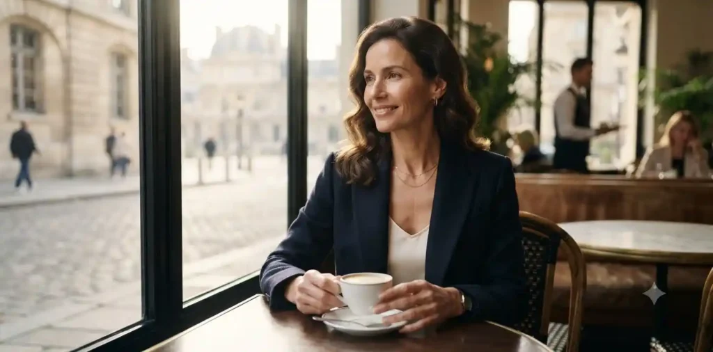 Elegant woman enjoying coffee at a luxury cafΓ©
