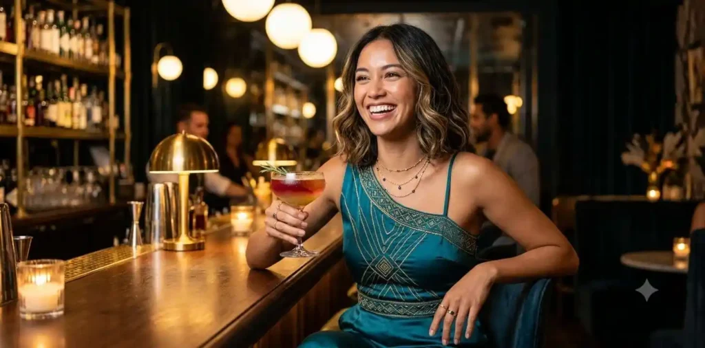Woman enjoying a cocktail at luxury bar