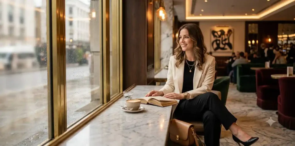 Woman enjoying coffee inside a luxury café