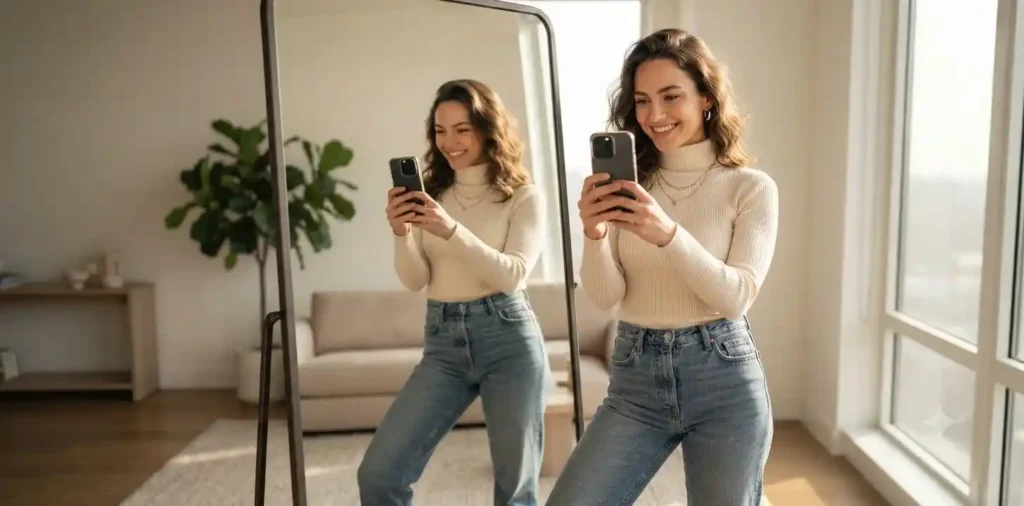 Confident woman smiling while taking a mirror selfie