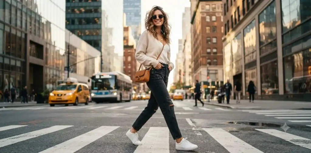 Confident woman walking through a modern city