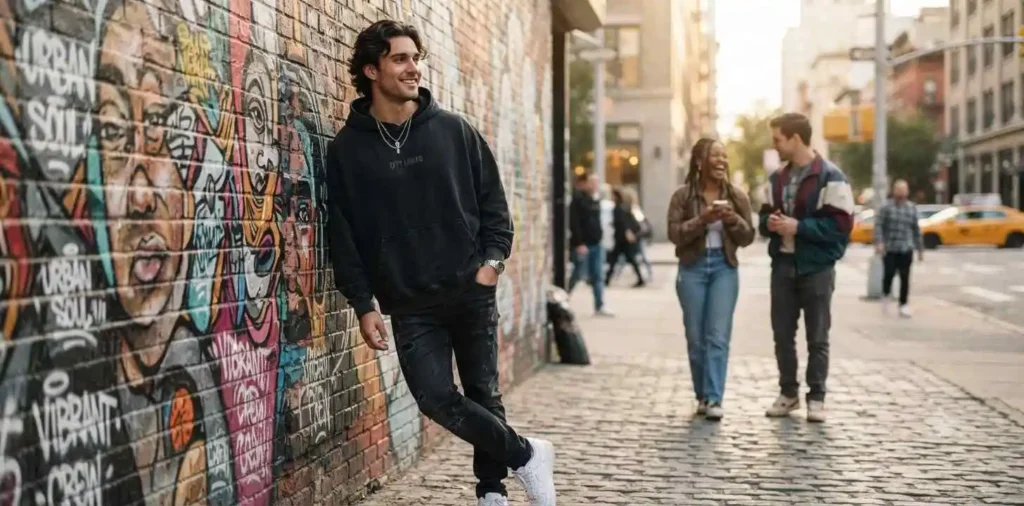 Friends posing confidently on a city street