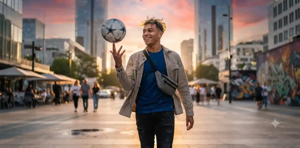 Football fan celebrating outside a stadium