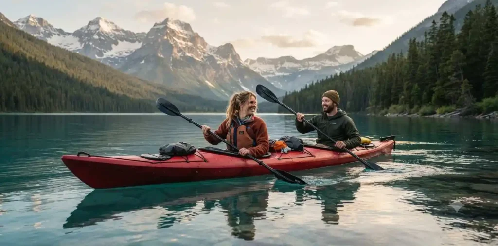 Couple kayaking across a peaceful mountain lake
