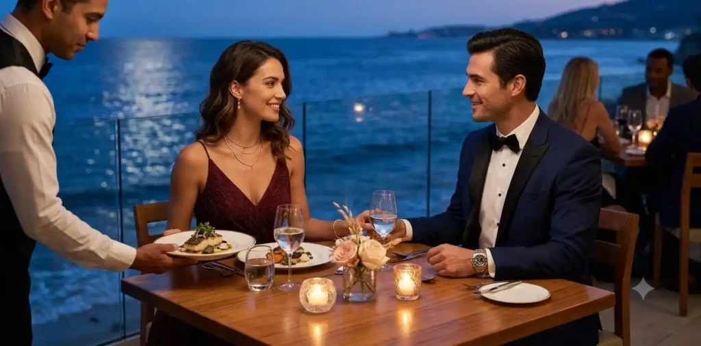 Elegant couple enjoying dinner beside the sea