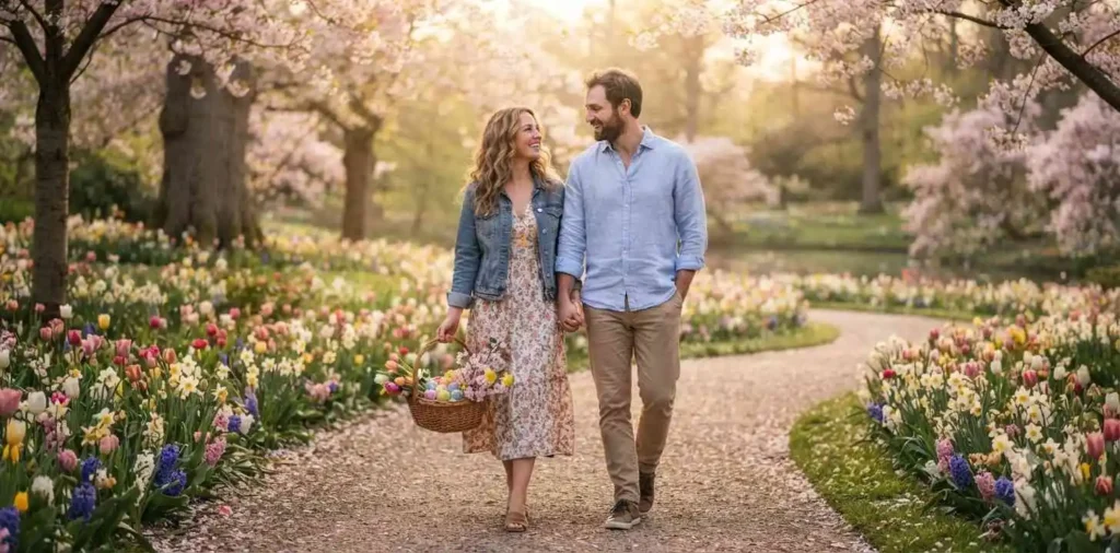 Couple holding Easter basket in spring park